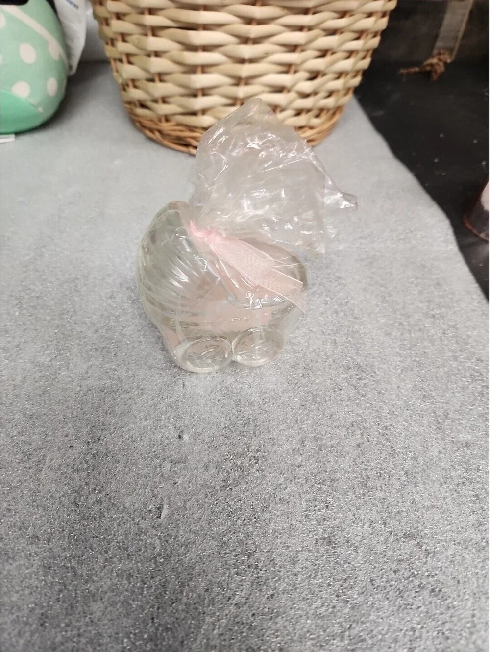 Vintage Glass Baby Cradle Candle Holder With Pink Candle And Bowl